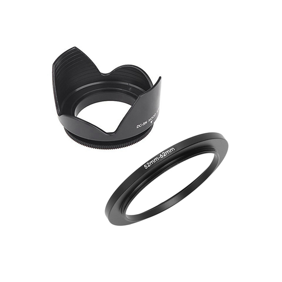 DC-SN 62mm Screw Mount Flower Crown Lens Hood With 52mm to 62mm Black Step Up Ring Adapter