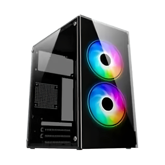 PC Power Crystal Glass Mini Black M-ATX Desktop Casing With Power Supply & 3 X Fans | PP-OS2405 BK